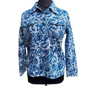DQ2 by‎ Diane Gilman Women's Floral Denim Jacket Blue White Size XL